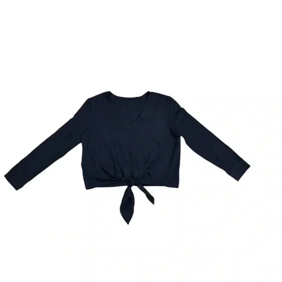 Jenni Kayne Long Sleeve Blouse Top Navy Blue Tie M Medium Viscose V neck - Picture 1 of 12